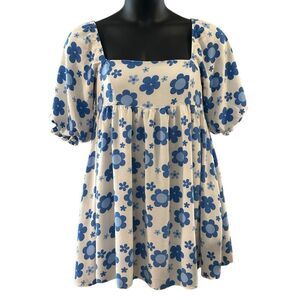 Sweet Lemon Women's Blue White Floral Short Puff Sleeve Babydoll Dress Large